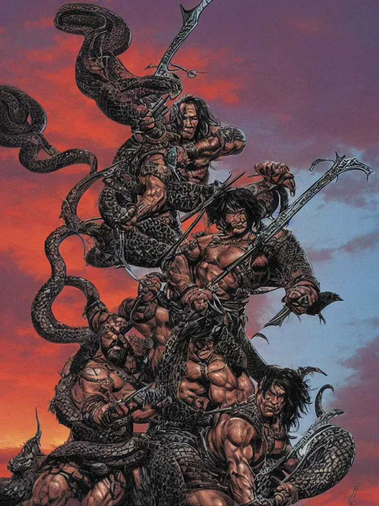 Prompt: a high-detail high-contrast color illustration of Conan the Barbarian wielding a battle axe, a giant fantastical snake with two heads is high above on a cliff and a black sunset, art by Dale Keown