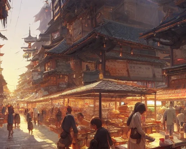 Prompt: bustling marketplace in a great kitsune city, a fantasy digital painting by Greg Rutkowski and James Gurney, trending on Artstation, golden hour, highly detailed