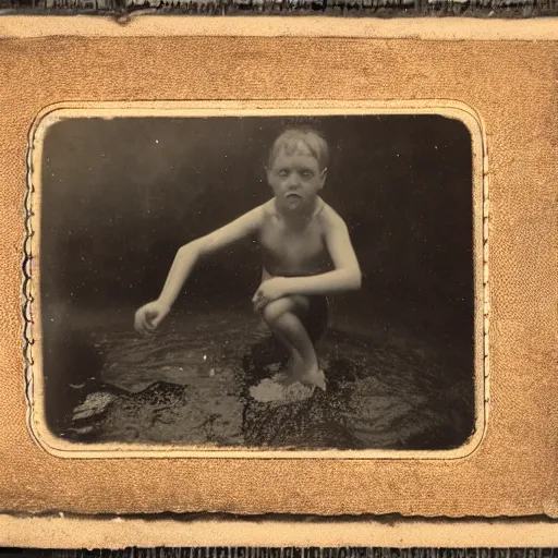 Image similar to tintype photo, swimming deep underwater, kid with huge crab