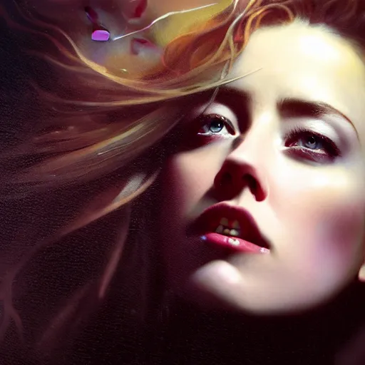 Prompt: hyperrealistic portrait of a woman as amber heard as a vampire witch tears in a black coat closing a window over the shoulder shot falling petals in windy storm hair. by jeremy mann and alphonse mucha, fantasy art, photo realistic, dynamic lighting, artstation, poster, volumetric lighting, very detailed faces, 4 k, award winning