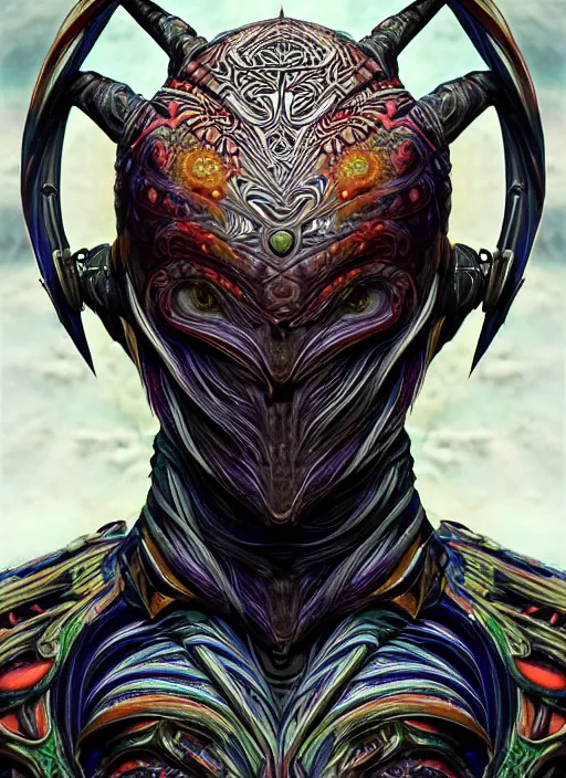 Prompt: hyper detailed ultra sharp alien hybrid tribal gothic warrior trance man portrait, trending on artstation, warpaint tattoo aesthetic, earthwave, colorful, psychedelic, ornate, intricate, digital painting, concept art, smooth, sharp focus, illustration, art by artgerm, edmund leighton, amano, darius zawadzki, h. r. giger, 8 k