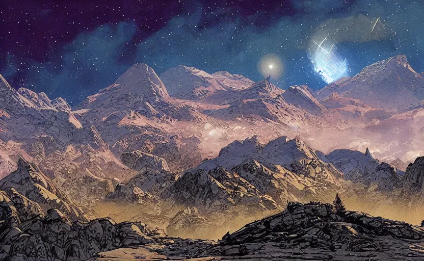 Prompt: mountains, stars and paisley filled sky, artstation, intricate, highly detailed, digital painting, concept art, sharp focus, illustration by Jean Claude Mézières and Enki Bilal