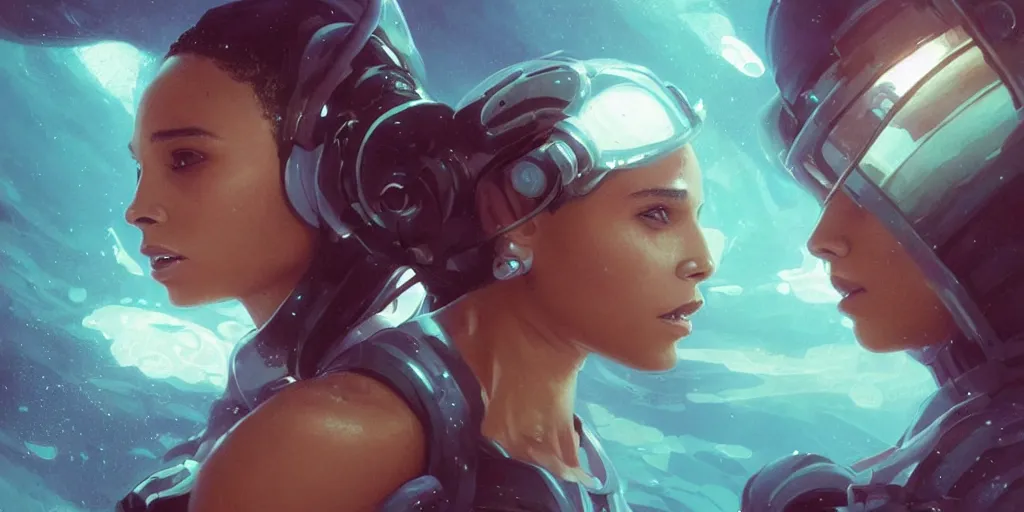 Image similar to Zoe Kravitz as a futuristic astronaut, underwater in the ocean at night, murky water, volumetric lighting, glowing lights, 4k, octane, digital painting, artstation, concept art, sharp focus, underwater photograph , art by artgerm and greg rutkowski and alphonse mucha , portrait,