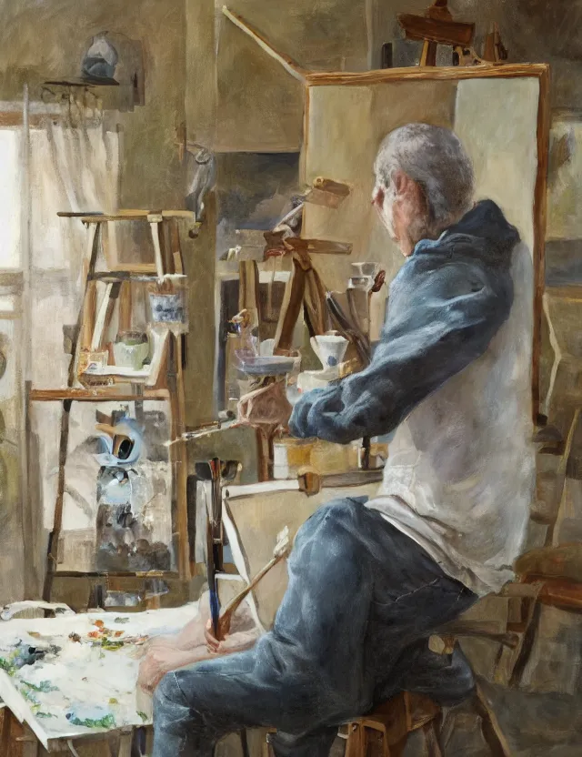 Prompt: the a painter in his studio painting a picture of pepe the frog - key lighting, soft lights, foggy, by steve hanks, by lisa yuskavage, by serov valentin, by tarkovsky, 8 k render, detailed, oil on canvas