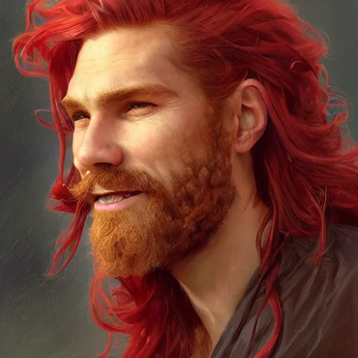 Prompt: portrait of a young ruggedly handsome but joyful pirate, male, masculine, upper body, red crimson hair, long flowing hair, fantasy, smirk, intricate, elegant, highly detailed, digital painting, artstation, concept art, matte, sharp focus, illustration, art by artgerm and greg rutkowski and alphonse mucha