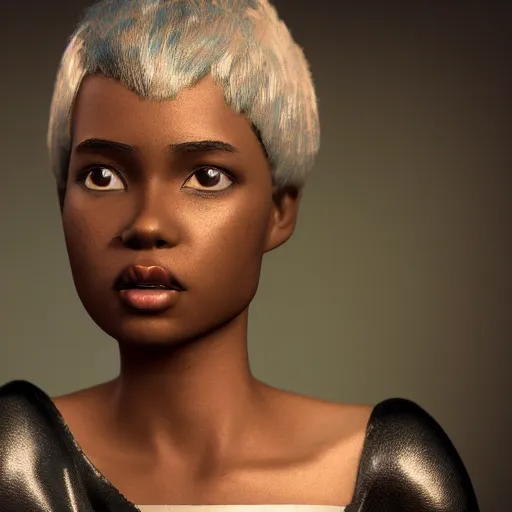 Prompt: stunning, coherent, impressive, detailed still of black girl with short blonde hair, follow shot, 3d, in the style of pixar, comic book style, 3d, highly detailed, sharp focus, bokeh, depth of field, 16k resolution, Unreal Engine 5, coherent, cinematic lighting, photorealistic, by Zhang Jingna