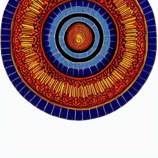 Image similar to a circular pattern of red yellow and grey - blue eye shapes, intricate, made of wood