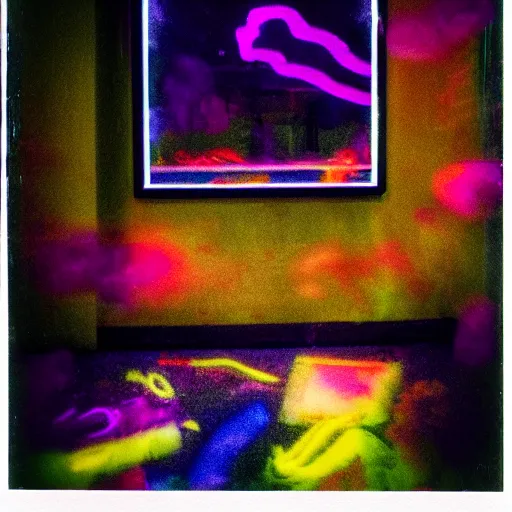 Image similar to Polaroid of LSD DREAM SIMULATOR, silhouettes, threes, rain, reflection, double exposure, dramatic low-key neon lighting, light painting