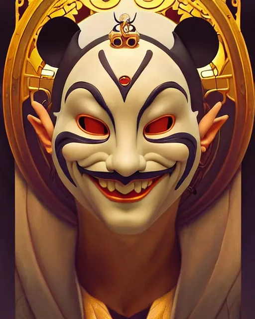 Prompt: portrait of disney happy mask salesman from zelda, intricate, elegant, highly detailed, my rendition, digital painting, artstation, concept art, smooth, sharp focus, illustration, art by artgerm and greg rutkowski and alphonse mucha and uang guangjian and gil elvgren and sachin teng and wlop, symmetry!!