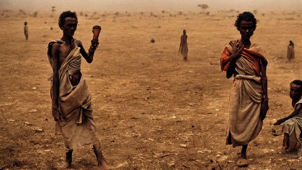 Prompt: 1984 Ethiopian biblical famine and drought as seen in Western TV, moody, dark, movie scene, depth of field, hd, 4k