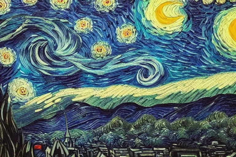 Image similar to man is seeing old god cthulhu terrifying the night sky of a city, epic scene oil painting hyper - detailed realistic dark - art painted by van gogh