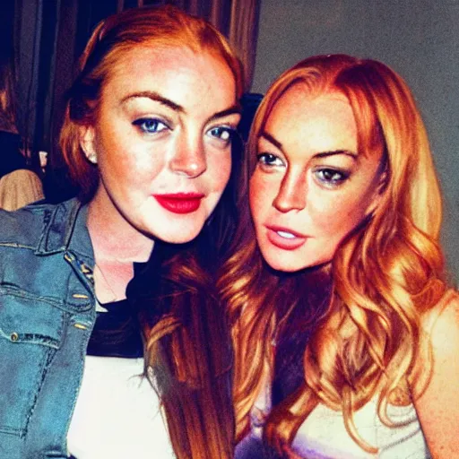 Prompt: Selfie photograph of Lindsay Lohan and Lindsay Lohan, golden hour, 8k,