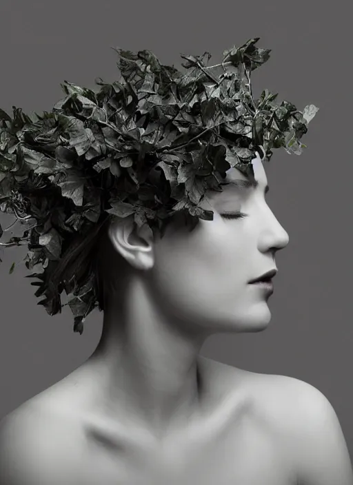 Image similar to a woman's face in profile, made of luminescent foliage, in the style of the Dutch masters and Gregory Crewdson, dark and moody, plain black background