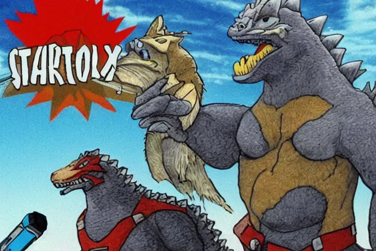 Prompt: Starfox and godzilla in my big fat Greek wedding