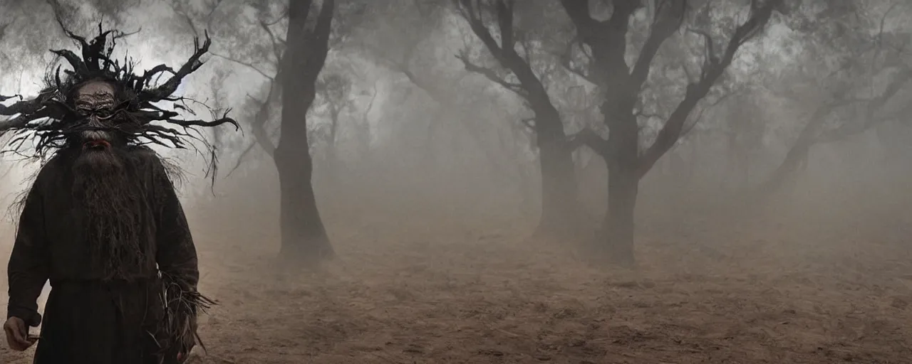 Prompt: full body shot of old asian man with long beard, his head covered in roots, full face occult silver mask, glowing eyes, holding a large carved wooden dark fractal stick, thick smoke around him, in the burning soil desert, cinematic shot, wide angle, black desert background, volumetric lighting by Denis Villeneuve, Lubezki, Gaspar Noe, Christopher Doyle and Alejandro Jodorowsky, anamorphic lens, anamorphic lens flares, kodakchrome, cinematic composition, practical effects, award winning photo, 8k