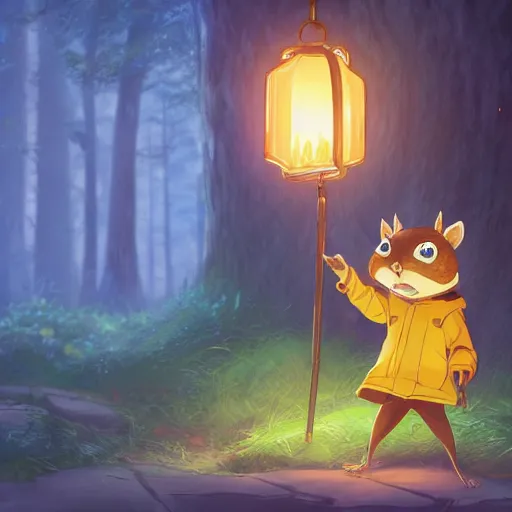 Image similar to concept art painting of an anthropomorphic anime chipmunk wearing a yellow cloak, holding a lantern, in the deep forest, realistic, detailed, cel shaded, in the style of makoto shinkai and greg rutkowski and james gurney