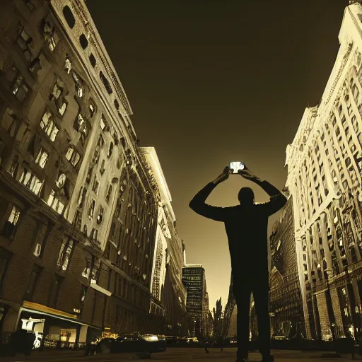 Prompt: man looking at the sky in new york square, night time, filmic, dramatic, night vision, wide angle, vignette, monochrome, 4 k, 8 k, sad, nightlight, cinematic lighting, insanely detailed and intricate, hypermaximalist, elegant, ornate, hyper realistic, super detailed