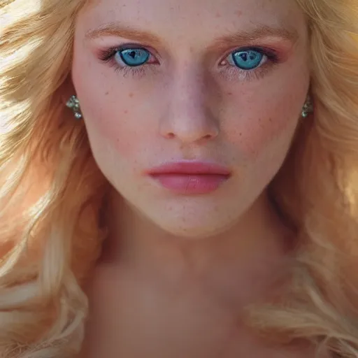 Image similar to close up headshot of a princess with long blonde hair and light blue eyes wearing a strapless elaborately beaded pink dress, high resolution film still, 8k, HDR color, film by Simon Langton and David Frankel, triangular face, slight freckles, round narrow chin, straight jawline, natural lips, high cheekbones, beautiful gazing eyes