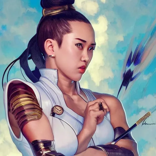 Image similar to miley cyrus as chun li from street fighter, portrait, 4 k, ultra realistic, detailed focused art by artgerm and greg rutkowski and alphonse mucha