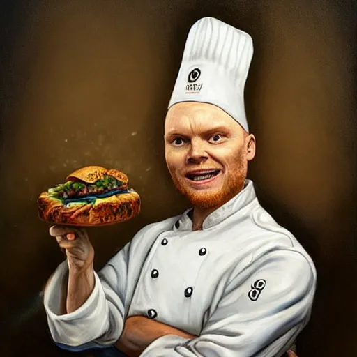 Prompt: an insanely detailed painting of bill burr wearing a chef costume waiting on tables, in the style of peter mohrbacher, dramatic lighting and composition, trending on artstation, concept art, comic book