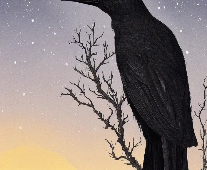 Image similar to a hyper-detailed movie poster, , close-up portrait of a crow flying above a tree in front of the full big moon; an extraordinary masterpiece!!!; flawless; proud posture; photorealistic eyes; trending on artstation; f/1.4; 90mm