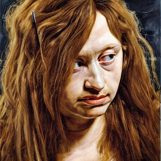 Image similar to high quality high detail painting by lucian freud, hd, long hair confused woman portrait, photorealistic lighting