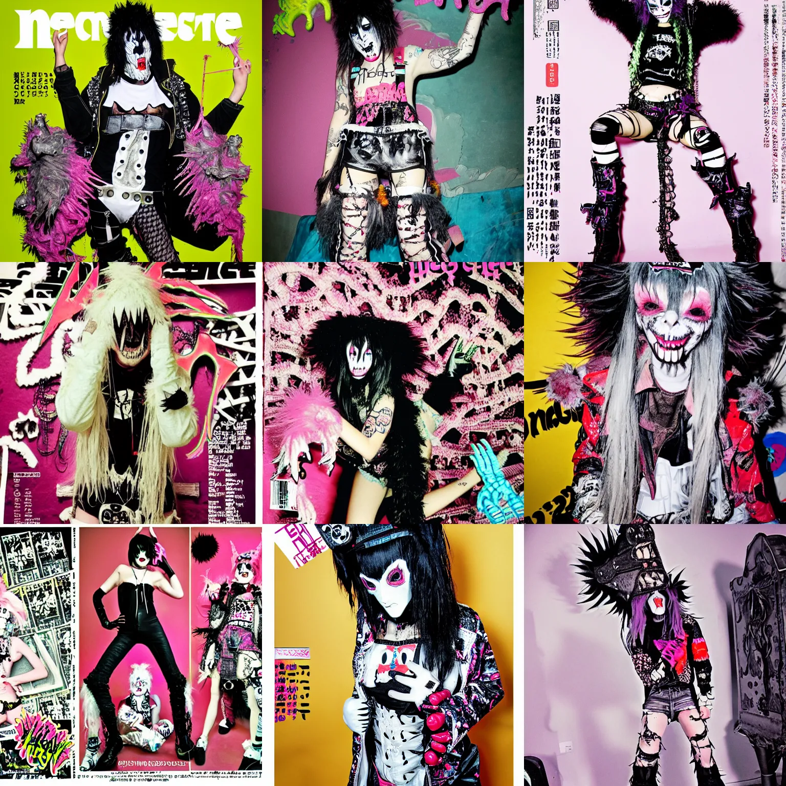 Prompt: photo of lace monster wearing ripped up dirty Swear kiss monster teeth yeti platform boots in the style of 1990's FRUiTS magazine 20471120 in japan and in the style of Rammellzee and the style of Gothic & Lolita Bible magazine and the style of Insane Clown Posse JNCOs CyberDog and emo scene style and by Ryan Trecartin in a dirty dark dark dark poorly lit arcade full of trash and garbage server racks and cables everywhere in the style of Juergen Teller in the style of Shoichi Aoki, japanese street fashion, KEROUAC magazine, Walter Van Beirendonck W&LT 1990's, Vivienne Westwood, y2K aesthetic