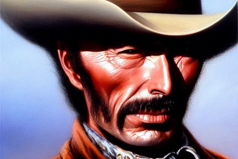 Image similar to close portrait of lee van cleef as a mean cowboy in pale rider ( 1 9 8 5 ). oil painting elegant, highly detailed, centered, digital painting, artstation, concept art, smooth, sharp focus, illustration, artgerm, tomasz alen kopera, peter mohrbacher, donato giancola, joseph christian leyendecker, drew struzan