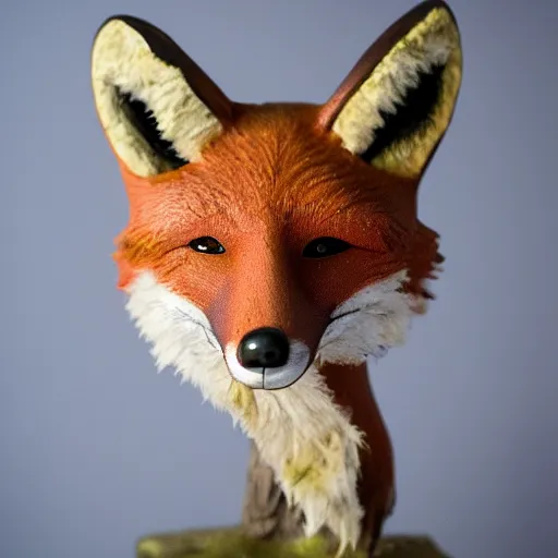 Prompt: a taxidermized fox with a human face, in a museum, 8 5 mm lens, 7 0 mm entrance pupil diameter