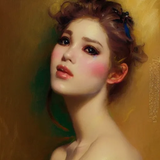 Image similar to a high fashion studio portrait of a cute anime girl, painting by gaston bussiere, craig mullins, j. c. leyendecker