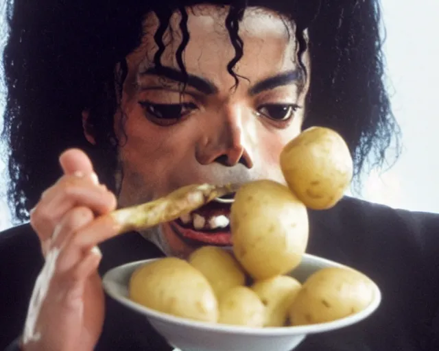 Prompt: photo still of michael jackson eating a potato on a computer, 8 k, live concert lighting, mid shot