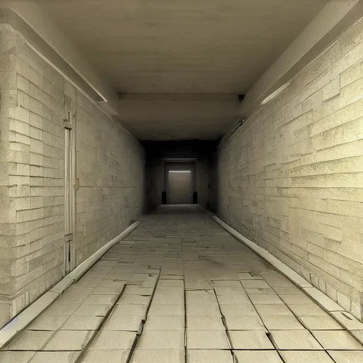 Image similar to gritty, cinematic, liminal space, 3d render, photorealism
