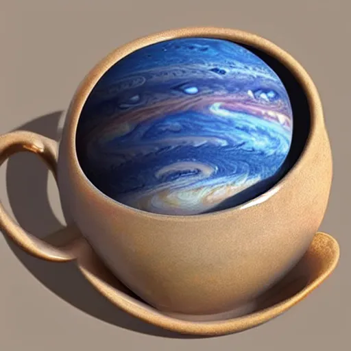 Image similar to a teacup containing a planet Jupiter as a boiling liquid, hyper realistic