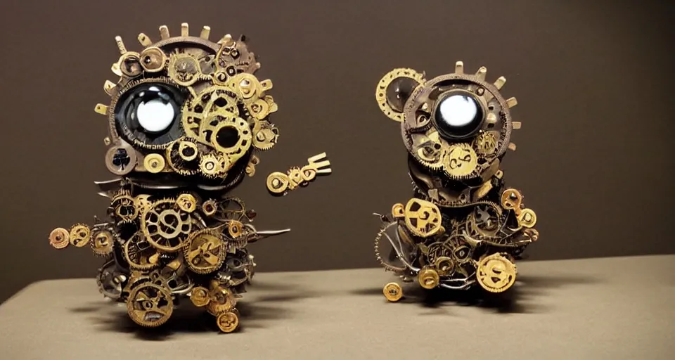 Image similar to a tiny cute steampunk monster with cogs and screws and big eyes smiling and waving, in the style of dave mckean