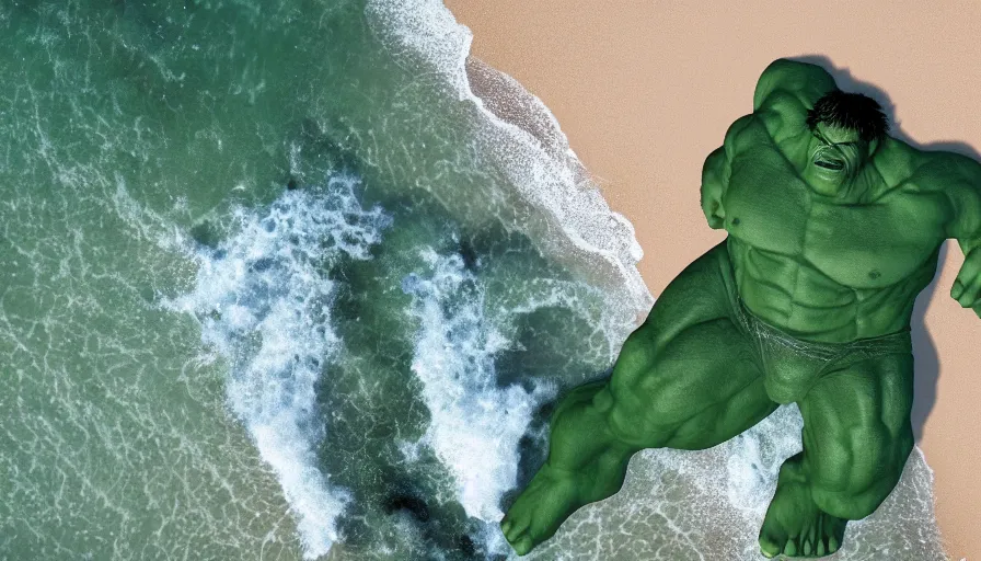 Image similar to CNN news footage taken from above. A The Hulk is washed up on the beach. 8K Highly professionally detailed, HDR, CGsociety, Ultra Realistic