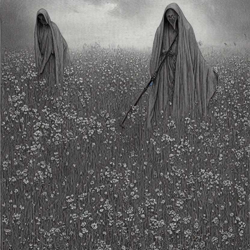 Image similar to faceless grim reaper with veil over face at distance in beautiful meadow of flowers, detailed pencil illustration by gustave dore, highly detailed, centered, high resolution, smooth, sharp focus, illustration