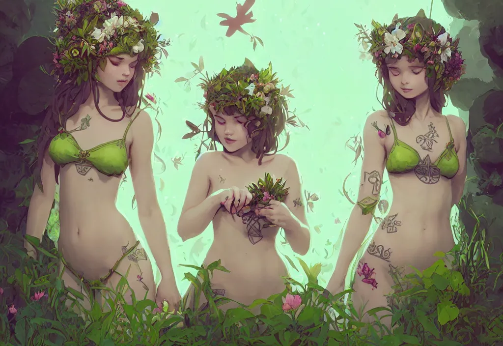 Image similar to two cute fairy girls with crown of flowers in plants bikini covered with celtic rune tattoos, fantasy, by atey ghailan, by greg rutkowski, by greg tocchini, by james gilleard, by joe gb fenton, by in kaethe butcher, dynamic lighting, gradient light green, brown, blonde cream and white color in scheme, grunge aesthetic