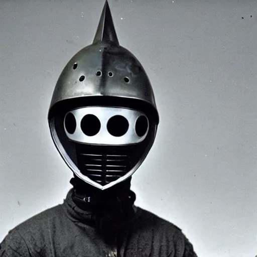 Prompt: a knight wearing a frog helmet, film still, arriflex 3 5