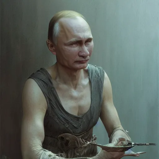 Image similar to vladimir putin in women maid dress, horror, macabre art, stuning 3 d render, masterpiece, dark, by donato giancola and greg rutkowski and wayne barlow and zdzisław beksinski, realistic face