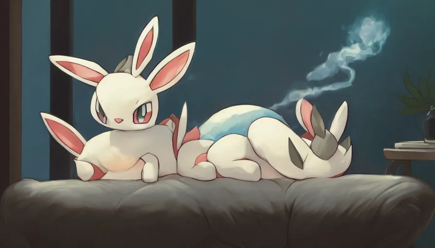 Prompt: a chubby sylveon pokemon sleeping on a couch cushion, slanted lighting from window, dust motes in air, cozy vibe, atmospheric, fine details, artwork by ross tran and ilya kuvshinov
