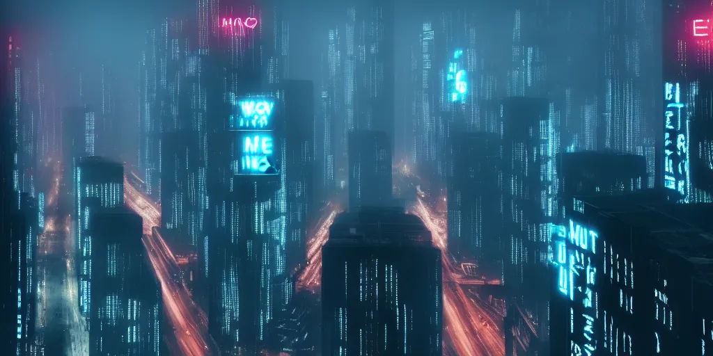 Image similar to megacity streets seen from above, neon signs, giant screens, eerie fog, blade runner, ex machina