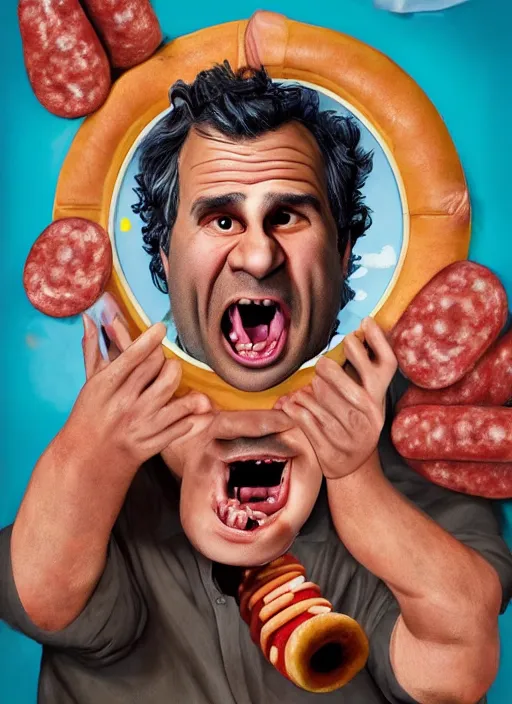 Prompt: hyperrealistic mark ruffalo screaming on a dartboard surrounded by big fat frankfurter sausages with a trippy surrealist mark ruffalo screaming portrait by aardman animation and norman rockwell, mark ruffalo dartboard with hot dogs