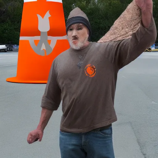 Prompt: ripped physique winged man Norm MacDonald disguised as a mothra whilst wearing a traffic cone hat tradd moore