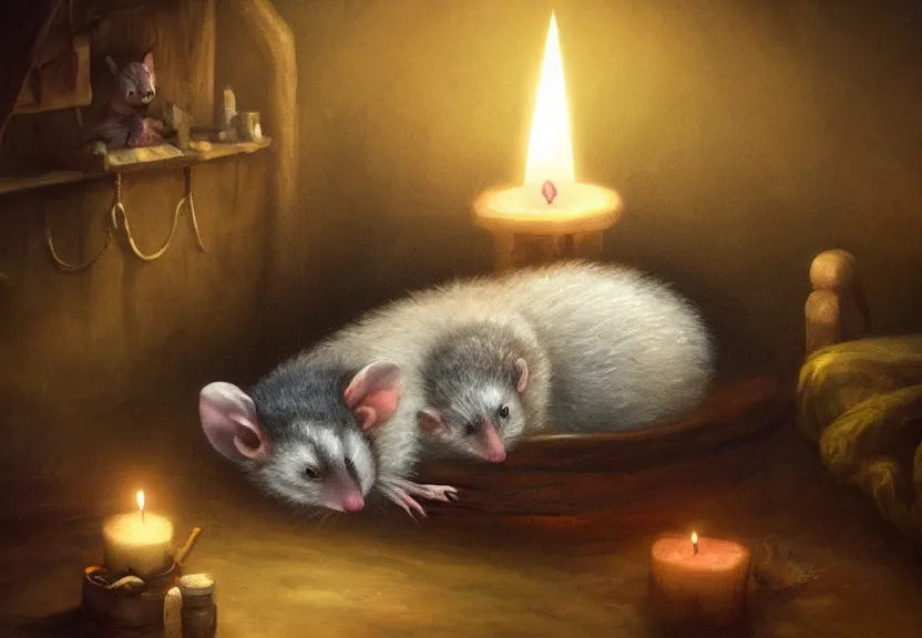 Image similar to cute possum sleeping inside a bed in a medieval cluttered cottage at night under the dim light of a candle, dark fantasy, dreaming illusion, trending on artstation