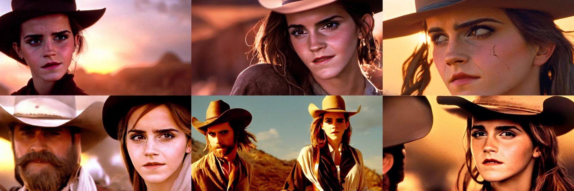 Prompt: medium shot of emma watson as a cowboy in a western movie directed by sergio leone, sunset, promotional image, detailed face, movie still frame, frame 1 0 2 3 of 1 5 8 4 0 0, techniscope 3 5 mm film