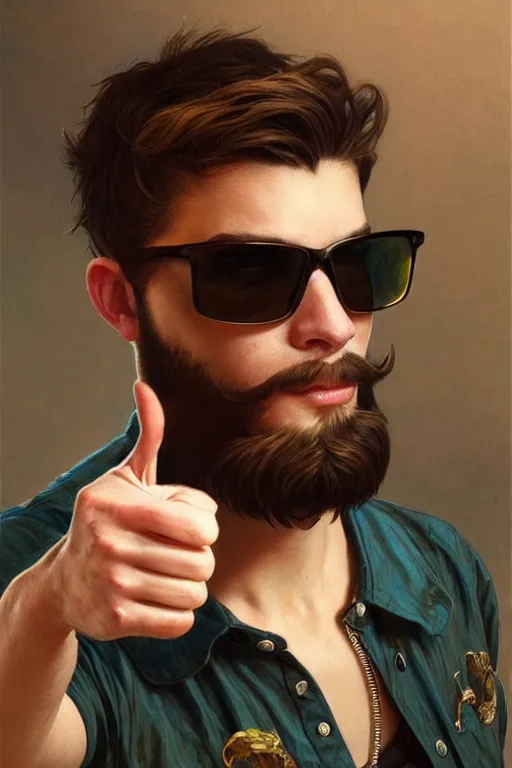 Prompt: a young man wearing raybands holding a beer giving a thumbs up with a long beard, real life skin, intricate, elegant, highly detailed, artstation, concept art, smooth, sharp focus, art by artgerm and greg rutkowski and alphonse mucha