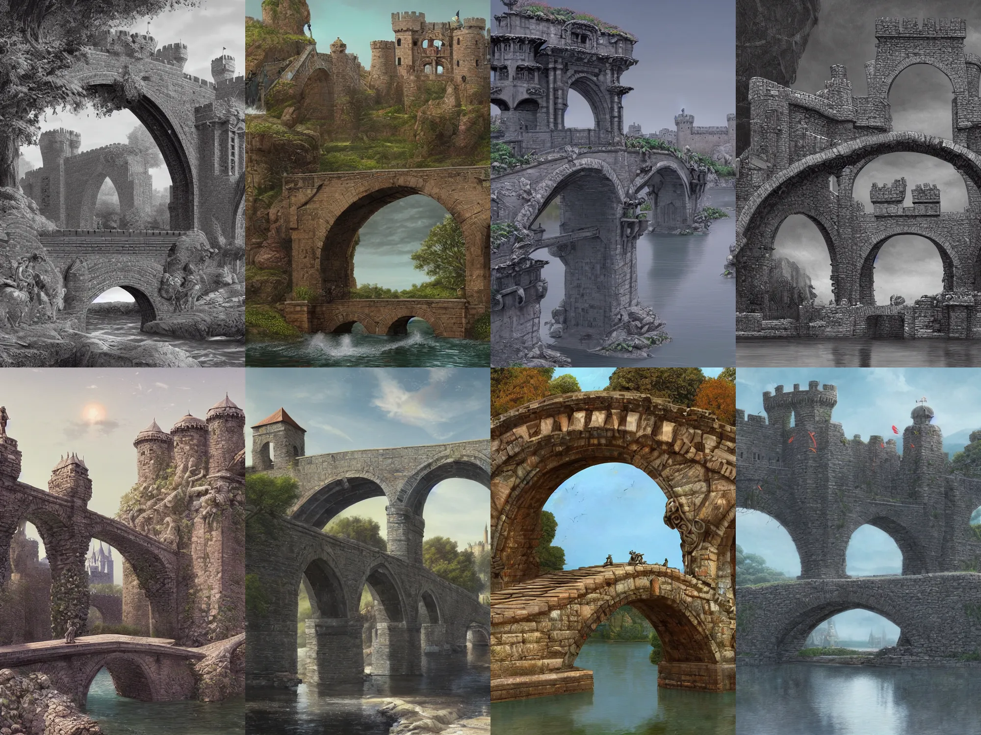 Prompt: an old stone bridge with sculptures, a castle in the background, art by James Jean and Wayne Barlowe, high detail, cinematic, cgsociety 8k