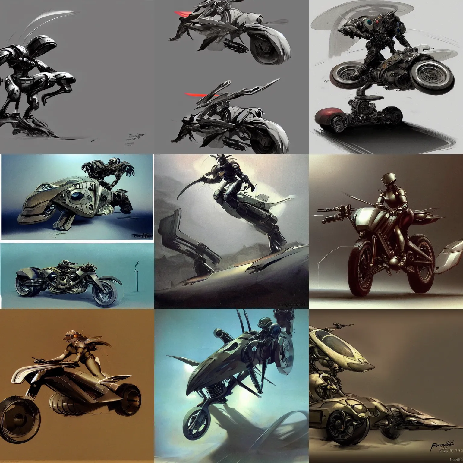 Prompt: futuristic hoverbike concept art by Frank frazetta trending on artstation
