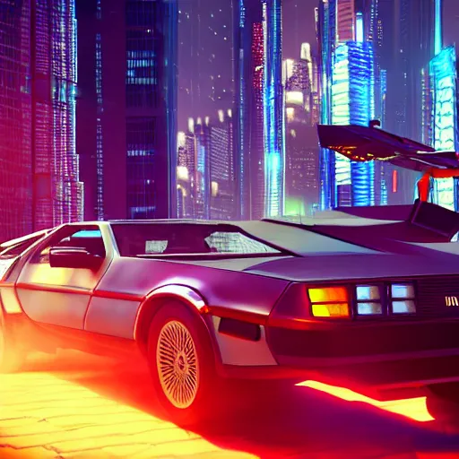 Prompt: delorean in a cyberpunk city with skyscrapers, artstation award winner, digital art, volumetric lighting, neon colors, wide angle, octane render