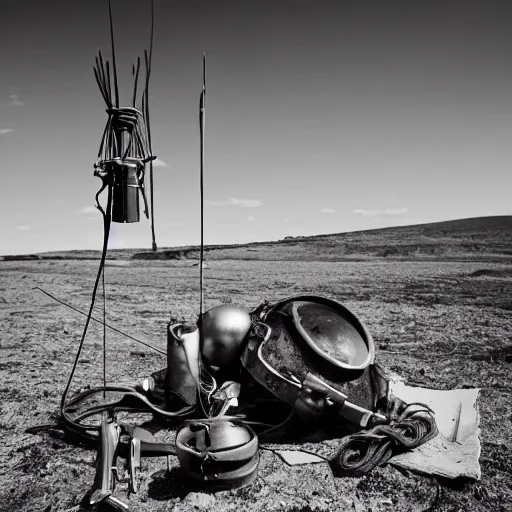 Image similar to wide angle photo of viking wearing space suit helmet and viking armor working on the antigravity gun ancient device, tools and junk on the ground,wires and lights, old village in the distance, vintage old photo, black and white, sepia